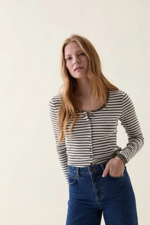 Felpham Khaki Stripe Button Top - Image 2