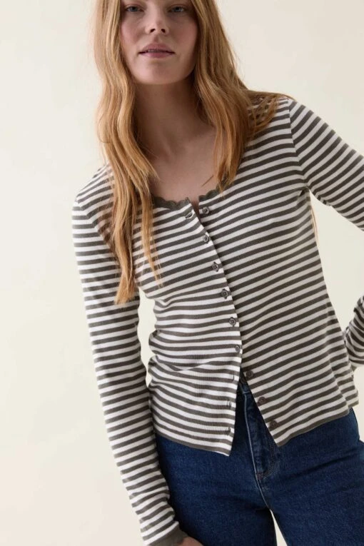 Felpham Khaki Stripe Button Top - Image 4