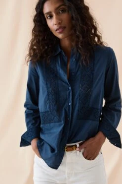 Newhaven Navy Broderie Panel Shirt