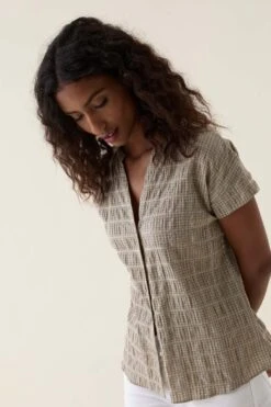 Telscombe Khaki Seersucker Blouse -Buff Shop Telescombe Khaki Top1