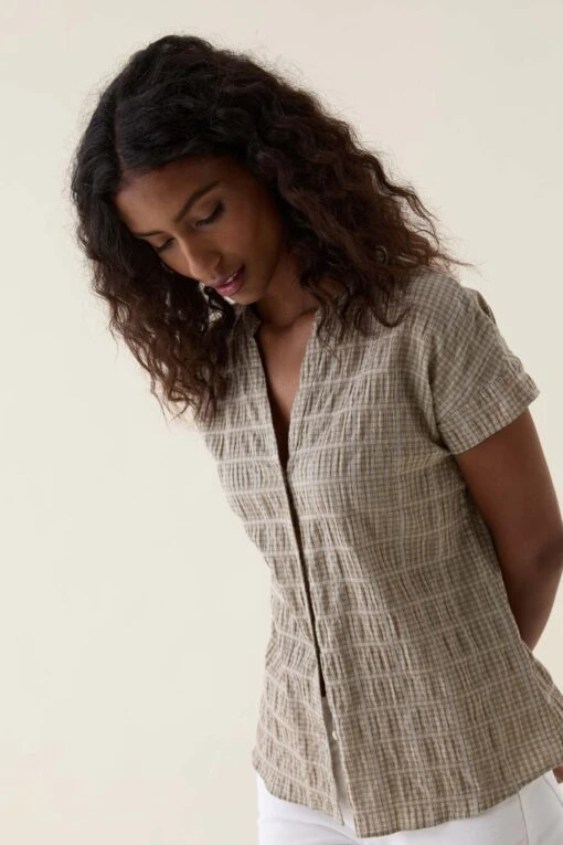 Telscombe Khaki Seersucker Blouse - Image 6