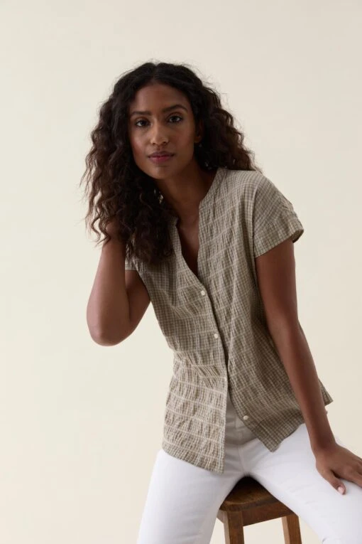 Telscombe Khaki Seersucker Blouse - Image 3