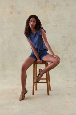 Thurley Mid Blue Broderie Sleeve Tee -Buff Shop Thurley Mid Blue Tee1