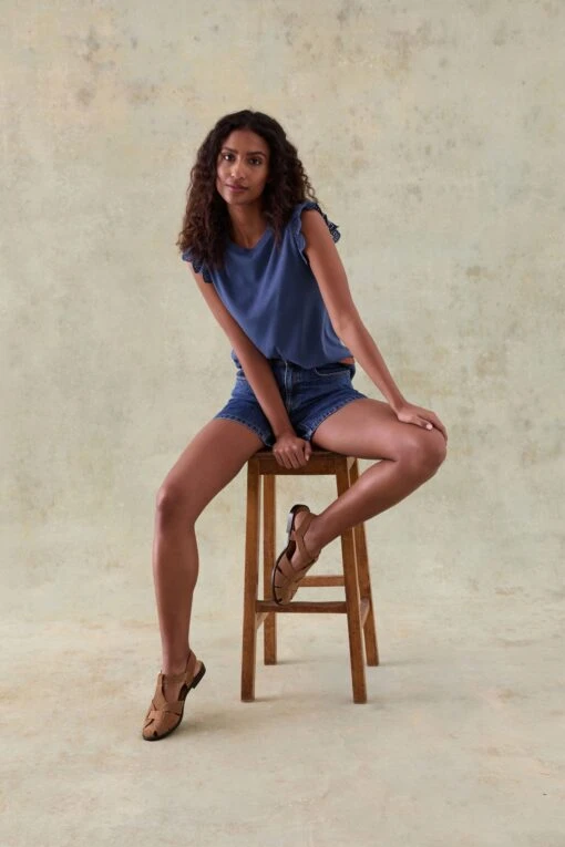 Thurley Mid Blue Broderie Sleeve Tee - Image 5