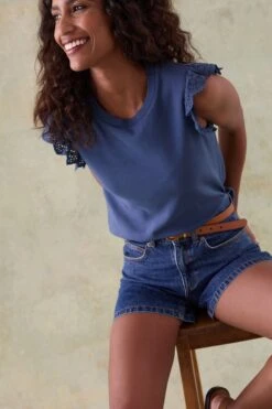 Thurley Mid Blue Broderie Sleeve Tee