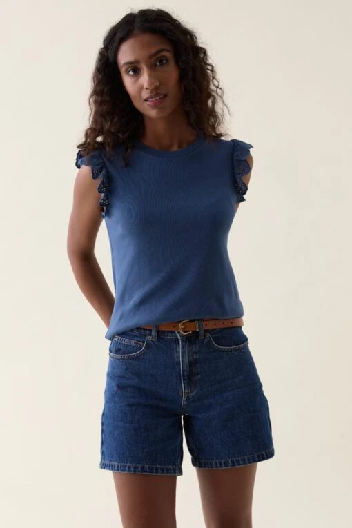 Thurley Mid Blue Broderie Sleeve Tee - Image 2