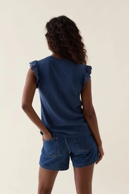 Thurley Mid Blue Broderie Sleeve Tee - Image 6