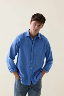 Upton Cornflower Garment Dye Linen Shirt -Buff Shop Upton Cornflower4