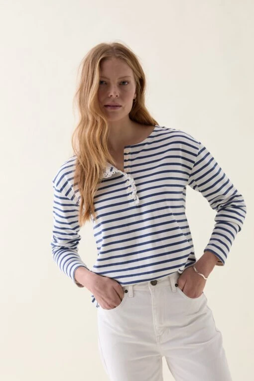 Warlingham Stripe Ruffle Henley Top - Image 4